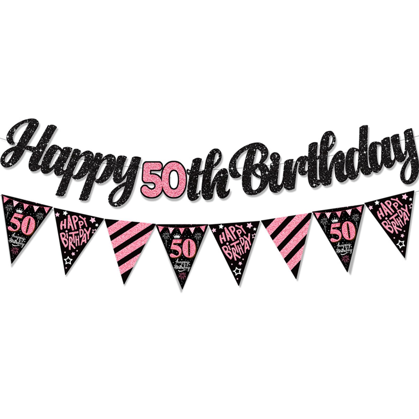 50th Birthday Banner Black Pink - Glitter Happy 50th Birthday Decorations for Women - Elegant Reusable Party Banner for 50th Birthday Party Decor