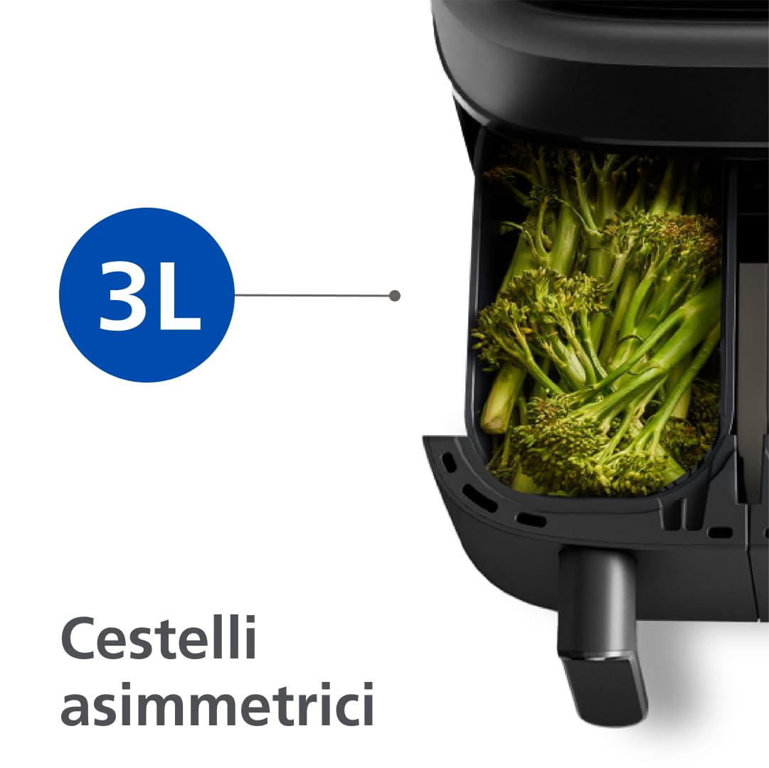 Philips Dual Basket Air Fryer - Cottura sana, veloce e versatile, Friggitrice ad aria con Doppio Cestello da 9L, Touchscreen, design a 2 cestelli con doppia resistenza e termostasti separati(NA350/00)