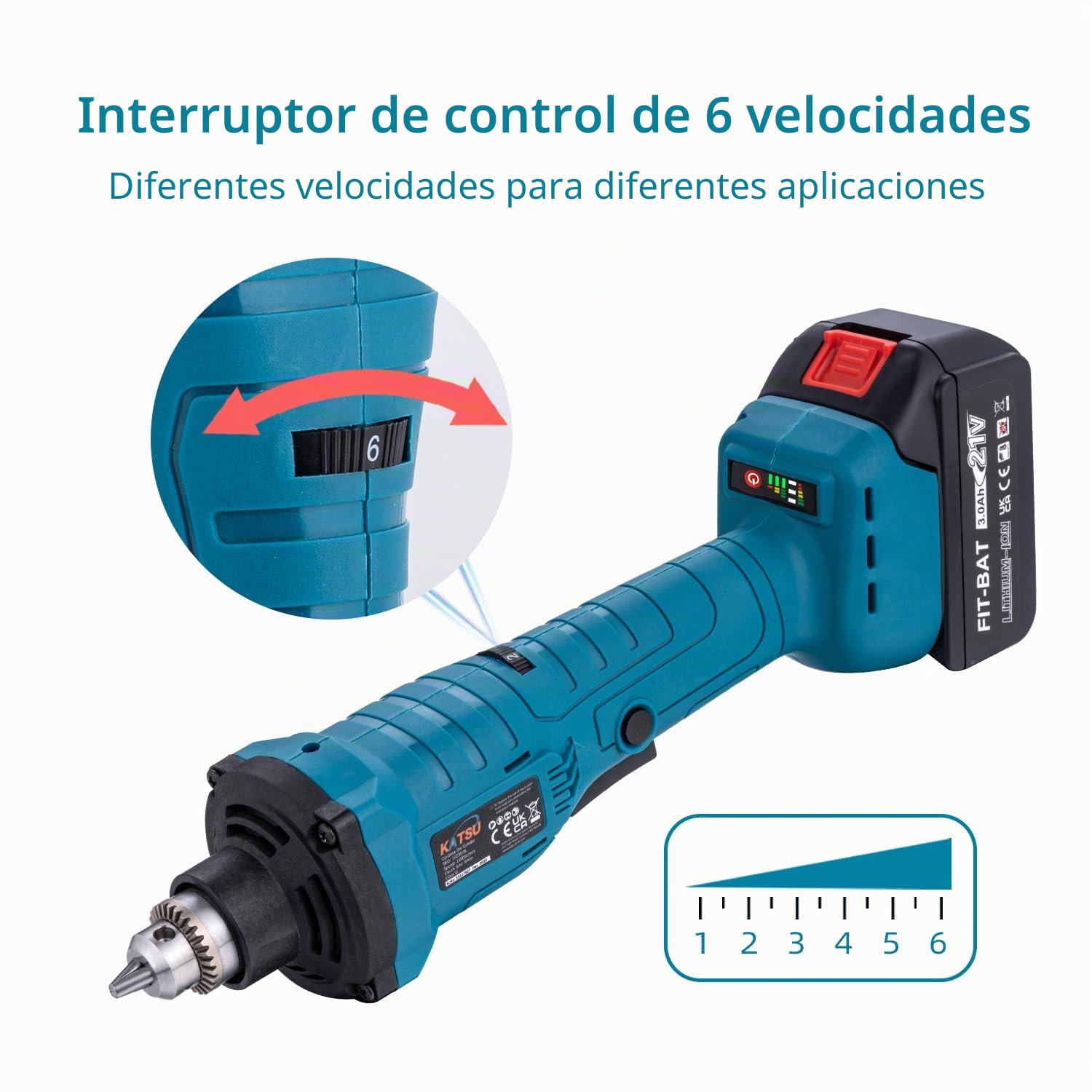 KATSU FIT-BAT 21V Amoladora Recta a Batería Brushless sin Escobillas con 3,0 Ah Batería y Cargador, 6mm Portafresas y 6 Velocidades Variables, en Caja