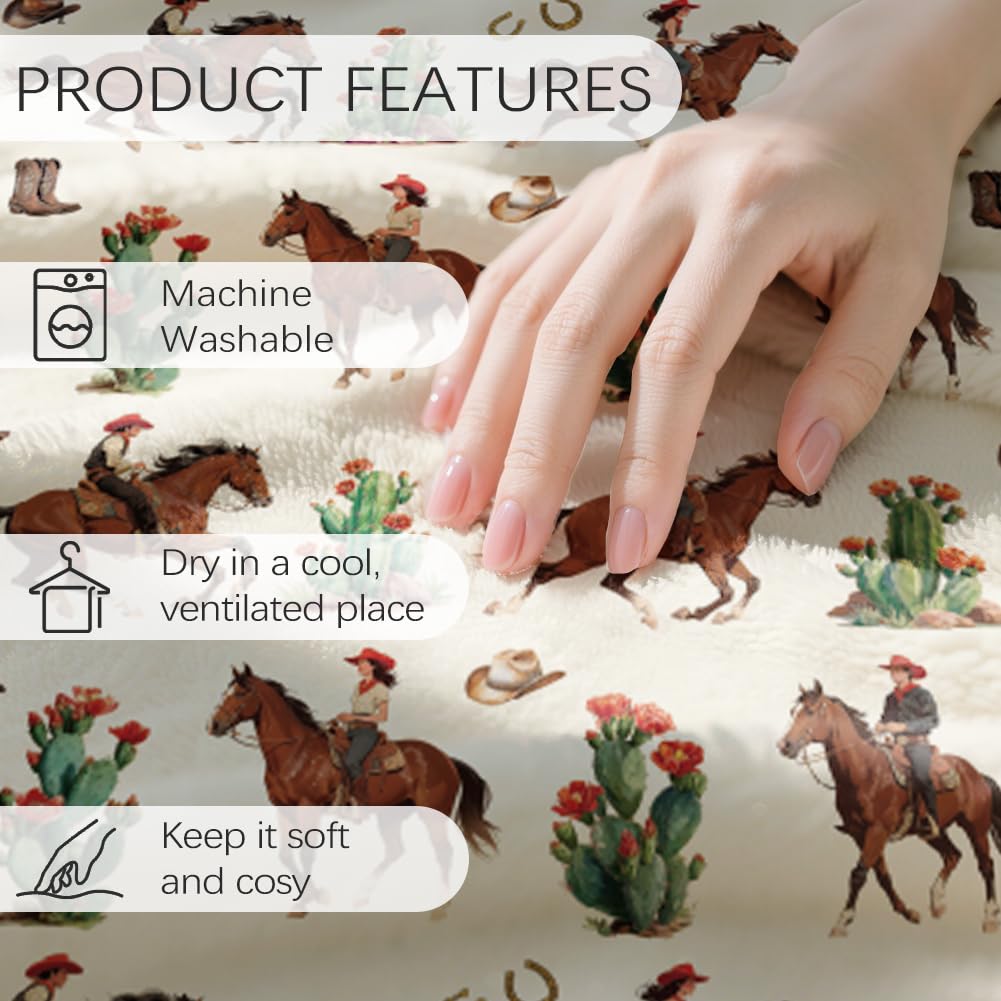 GLOBLELAND Western Cowboy Throw For Women Men 59×51 inch Cactus Horseshoe Cowboy Hat Soft Cozy Flannel Blanket Washable Fuzzy Throw Blanket for Home Office Room Bed Sofa Chair Gift - Image 4