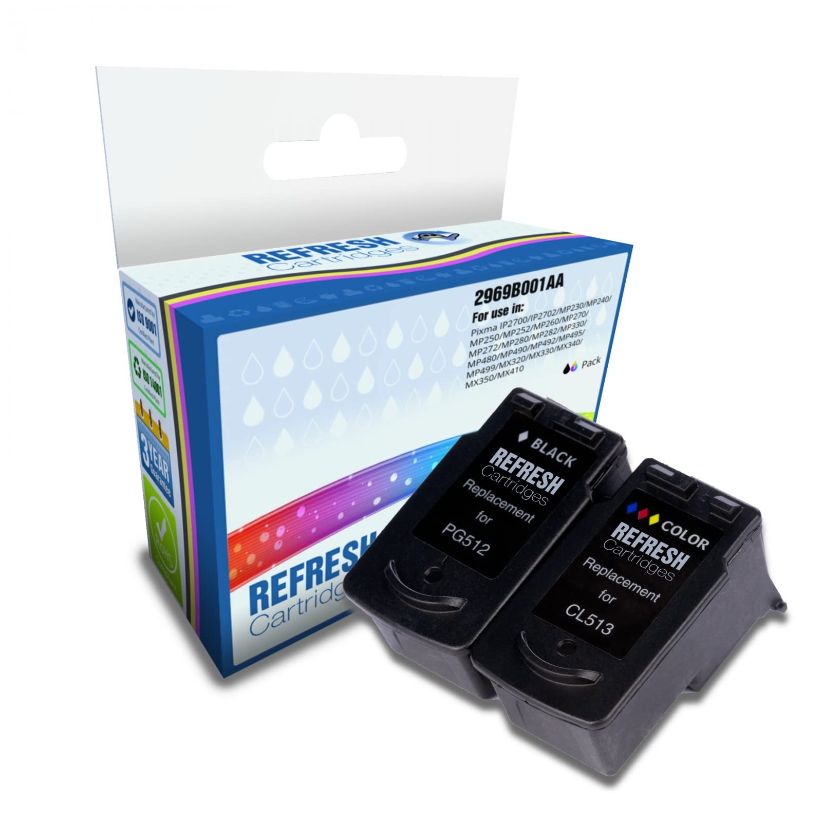 RIGENERATE CANON PG-512 / CL-513 NERO E COLORE CARTUCCE D'INCHIOSTRO AD ALTA CAPACITÀ SINGOLO & MULTI CONFEZIONI BY REFRESH CARTRDIGES - Nero E Colore 2 Cartuccia Confezione Multipla