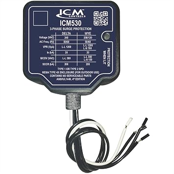 ICM530 3-Phase Type I/II SPD; NEMA Type 4X Waterproof Plastic Enclosure with 3/4" Conduit Connection and Status LED; 240VAC Delta or 120/208 VAC Wye Config. SCCR 200 kA, UL Listed