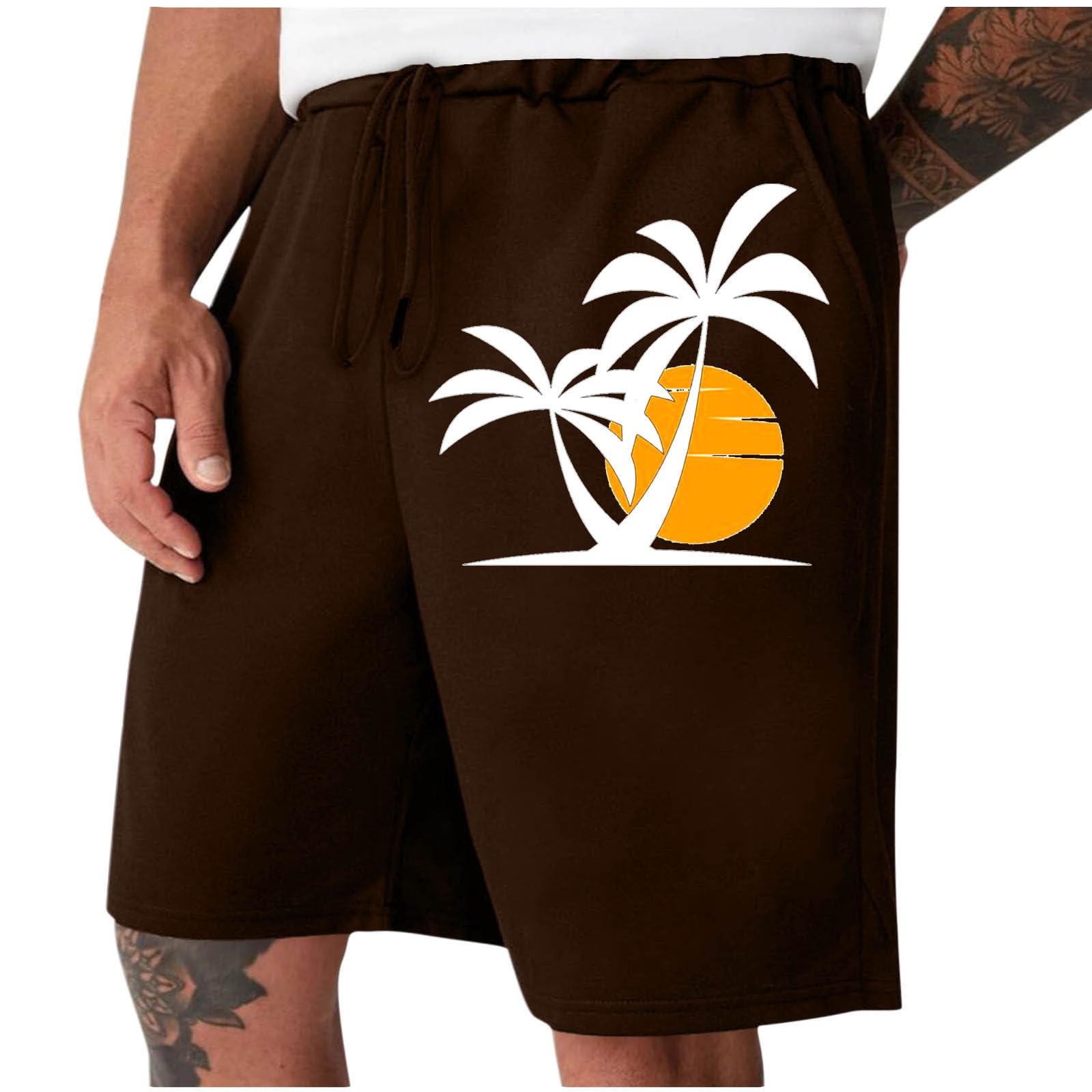 Mens Workout Shorts Sunset Coconut Tree Printted Drawstring Shorts Large Size Loose Elastic Shorts Active Shorts