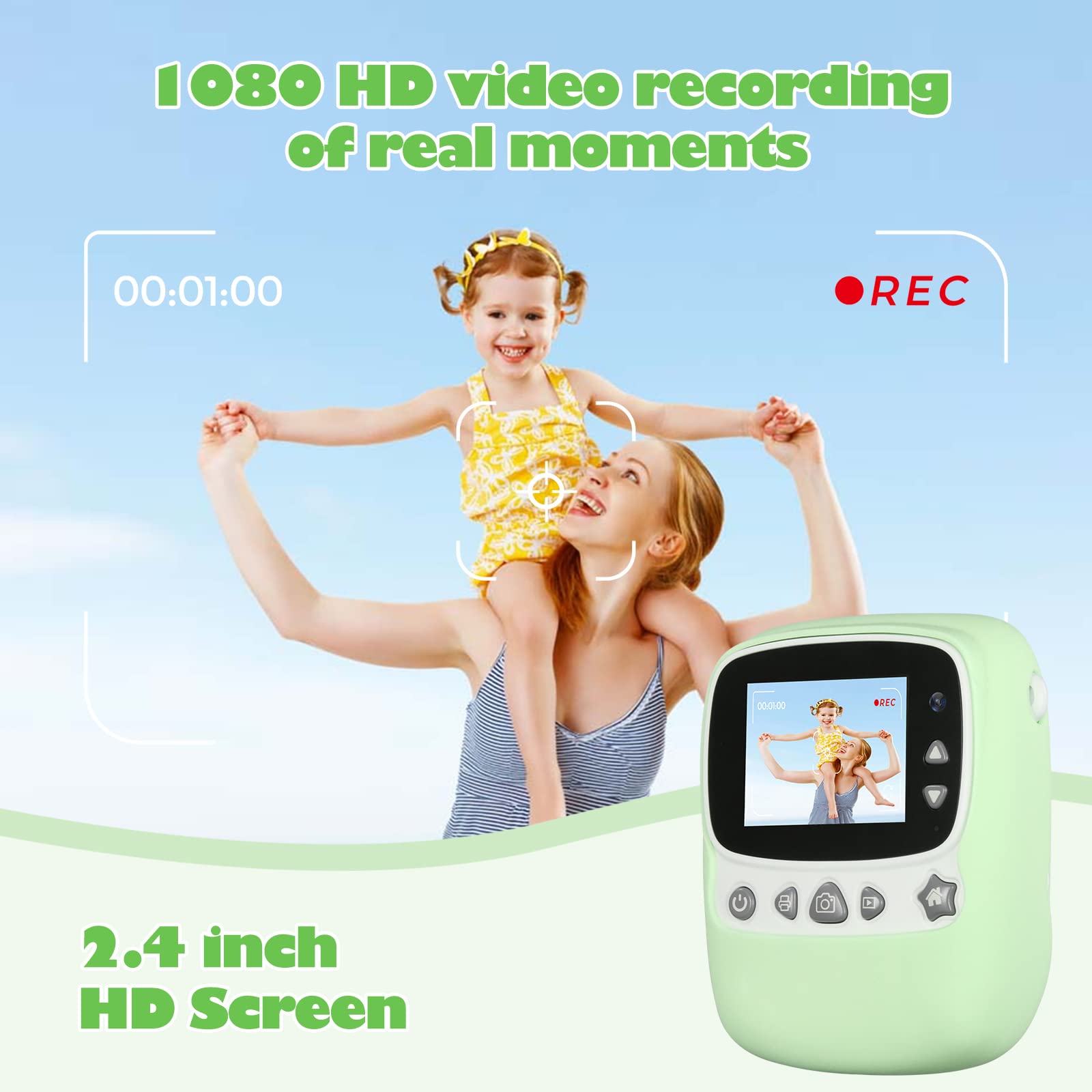 Cámara Infantil, 30 MP, cámara instantánea para niños, impresión en Blanco y Negro, Foto con Pantalla de 1080P de 2,4 Pulgadas, cámara Digital para niños con Tarjeta TF de 32 G, Doble cámara, Verde