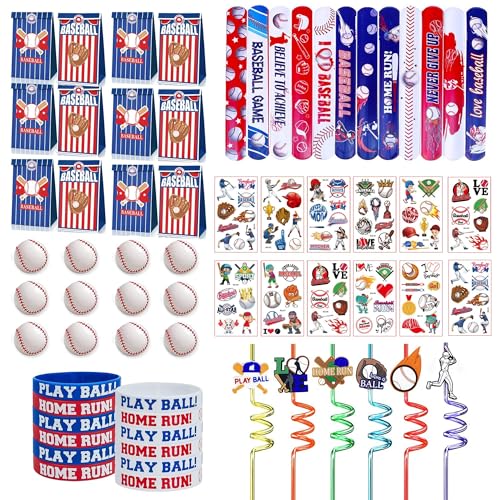 XIPEGPA 72 PCS Baseball Party Favors Set Baseball present Bags Slap Bracelets Straws Silicone Bracelets Tattoo Stickers Mini Baseballs for Goodie Bag Fillers Baseball Themed Birthday Party Supplies