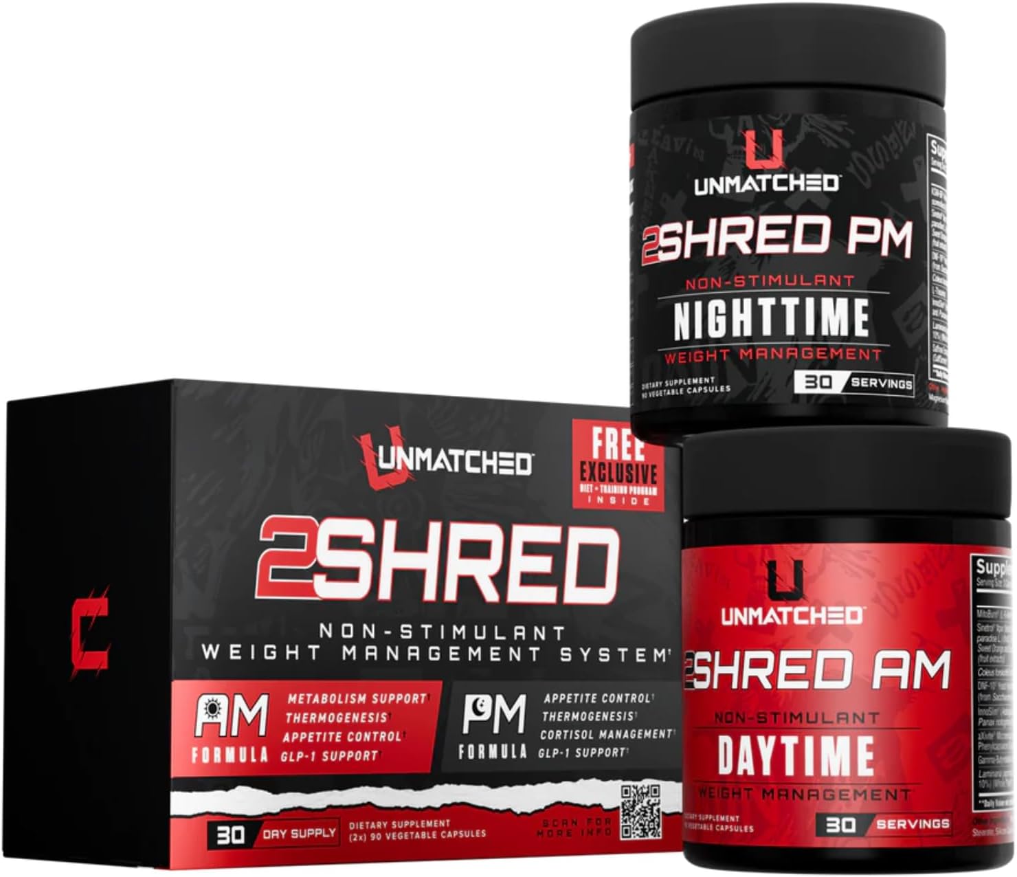 Unmatched 2Shred AM + PM | Non Stimulant Weight Management System | Thermogenesis, Fat Burning, & Appetite Control | 180 Vegetable Capsules, 30 Day Supply