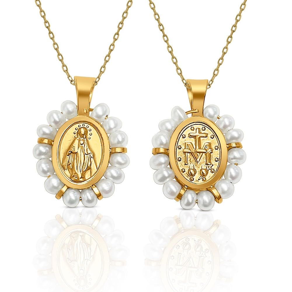 Medalla Colgante Oro Ley Milagrosa con Perlas Cultivadas Comunión Niña Mujer, 11x13 mm más Cadena de 45 cm