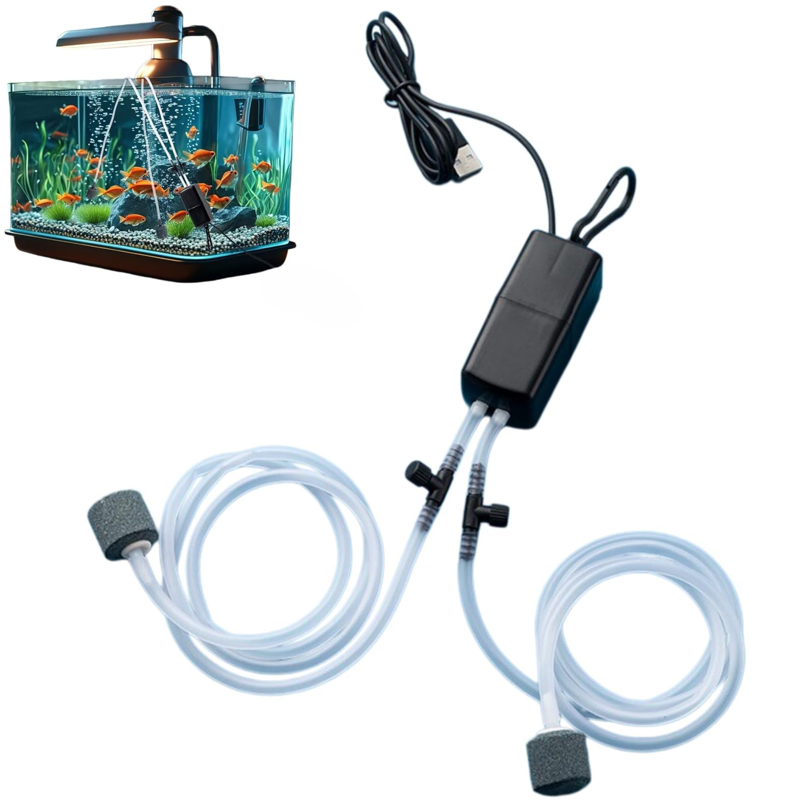 USB Aquarium Air Pump,Aquarium Adjustable Air Pump Twin Valve,Silent Oxygen Pump for Aquarium,Mini USB Ultra Silent Fish Tank Oxygen Air Pump with Air Stone and Double Silicone Tube