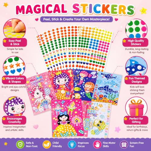 Image of PLUSPOINT Dot Sticker Art Kit for Kids, 6 Cartoon Cardboard Boards & 6 Color Sticker Sheets, DIY Mosaic Sticker Craft Activity Set, Fine Motor Skills Learning Toy, Birthday Gift for Kids Age 3+ Years