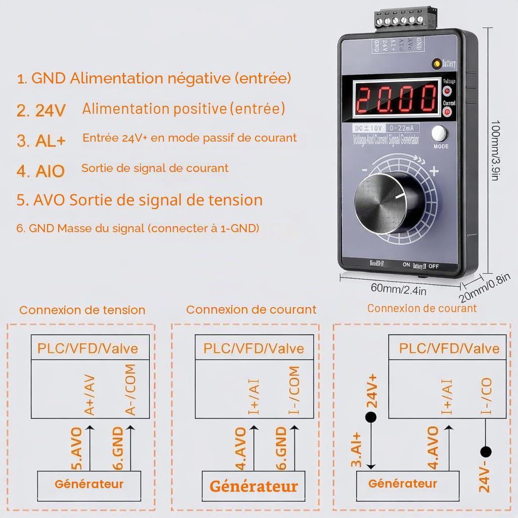 Générateur de Signal Portable, 0-10V 0-22mA Générateur de Signal de Courant de Tension, Calibrateur de Source de Signaux Analogiques, Ajustable Simulateur Analogique de Tension et de Courant Réglable