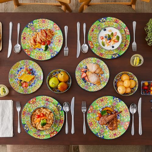 Image of vancasso 12 Pieces Dinnerware Sets, Green Plates and Bowls Set, Porcelain Dishes Set for 4, Microwave and Dishwasher Safe, Scratch Resistant, Bohemian Style Dining Ware Service for 4, Series SIMI
