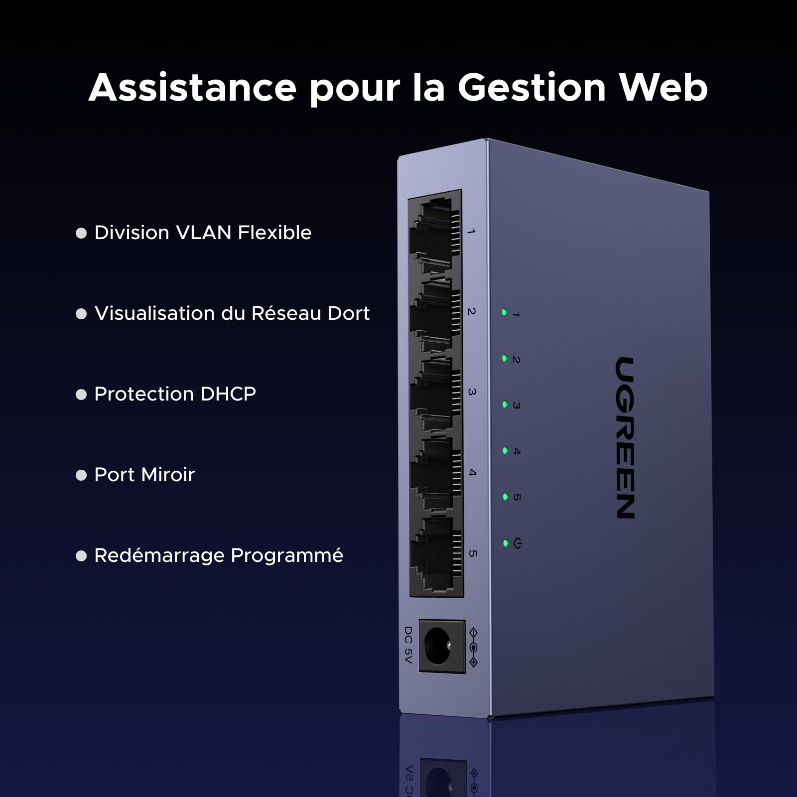 UGREEN 5 Ports Switch Ethernet Gigabit Hub Ethernet 1000Mbps Administrable Web Switch RJ45 Plug et Play Support VLAN QoS Link Aggregation IGMP Snooping Boitier Métal