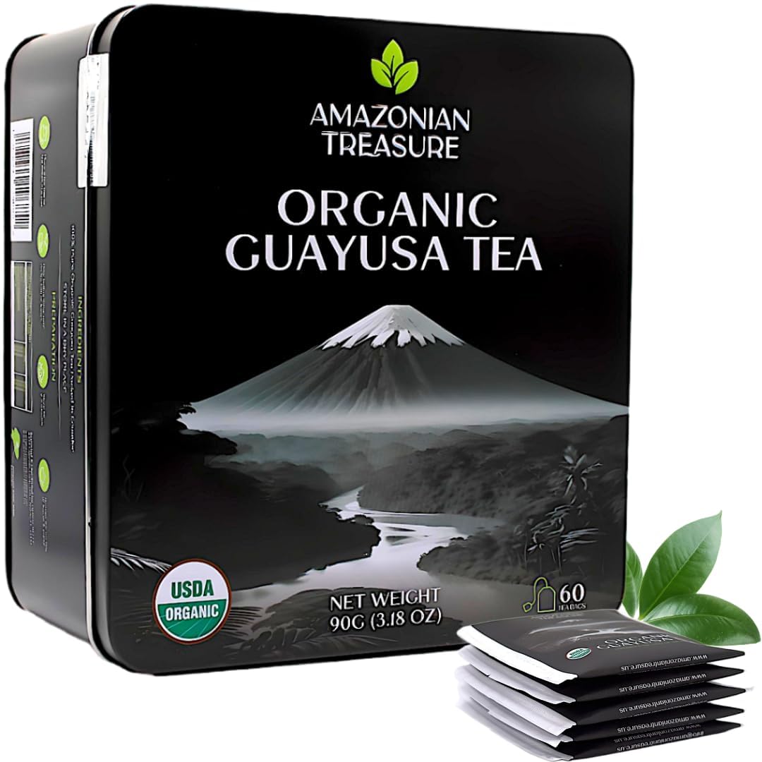 Amazonian Treasure, Organic Guayusa Tea Bags - 60 Count, Coffee Alternative, 50mg Natural Caffeine, Supports Natural Energy & Focus, Freshness Preserving Tin, Perfect for a Gift.