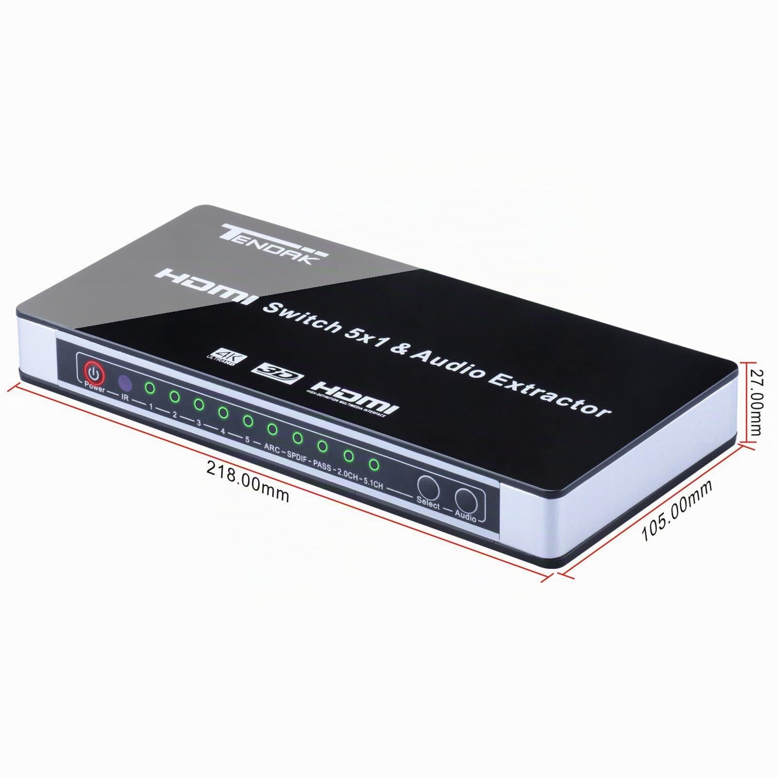 Tendak 5x1 HDMI-Switch mit Audio-Extraktor, 4K 5-Port-HDMI-Umschalter, unterstützt ARC mit Optischem Toslink SPDIF + L/R 3,5-mm-Stereo-Audioadapter, Fernbedienung