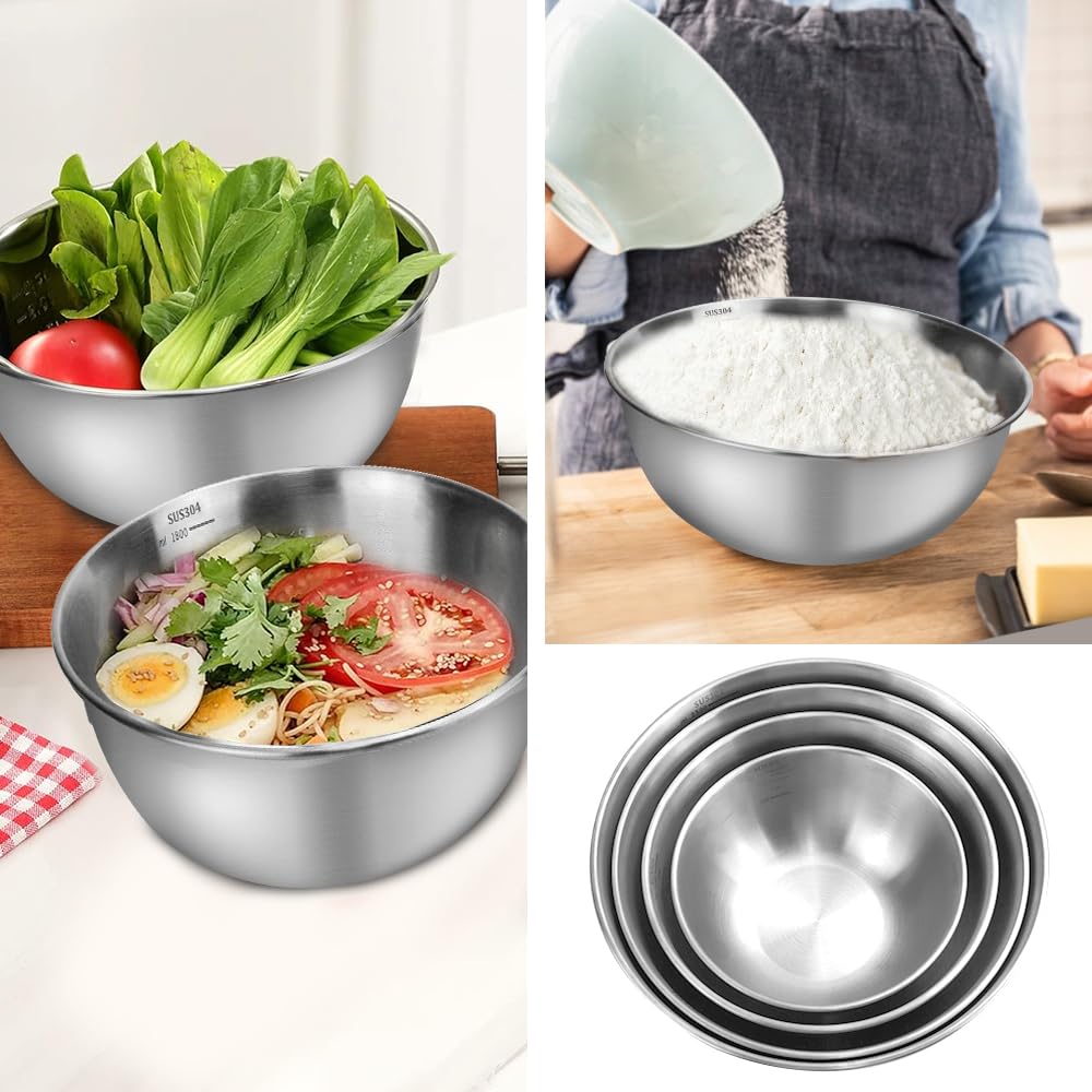 ADERTOS 4PCS Bols Mélangeurs en Acier Inoxydable - Bol à Mixer, Cul de Poule, Saladier Antidérapant et Bâtonnet à Remuer pour Cuisson et Pâtisserie