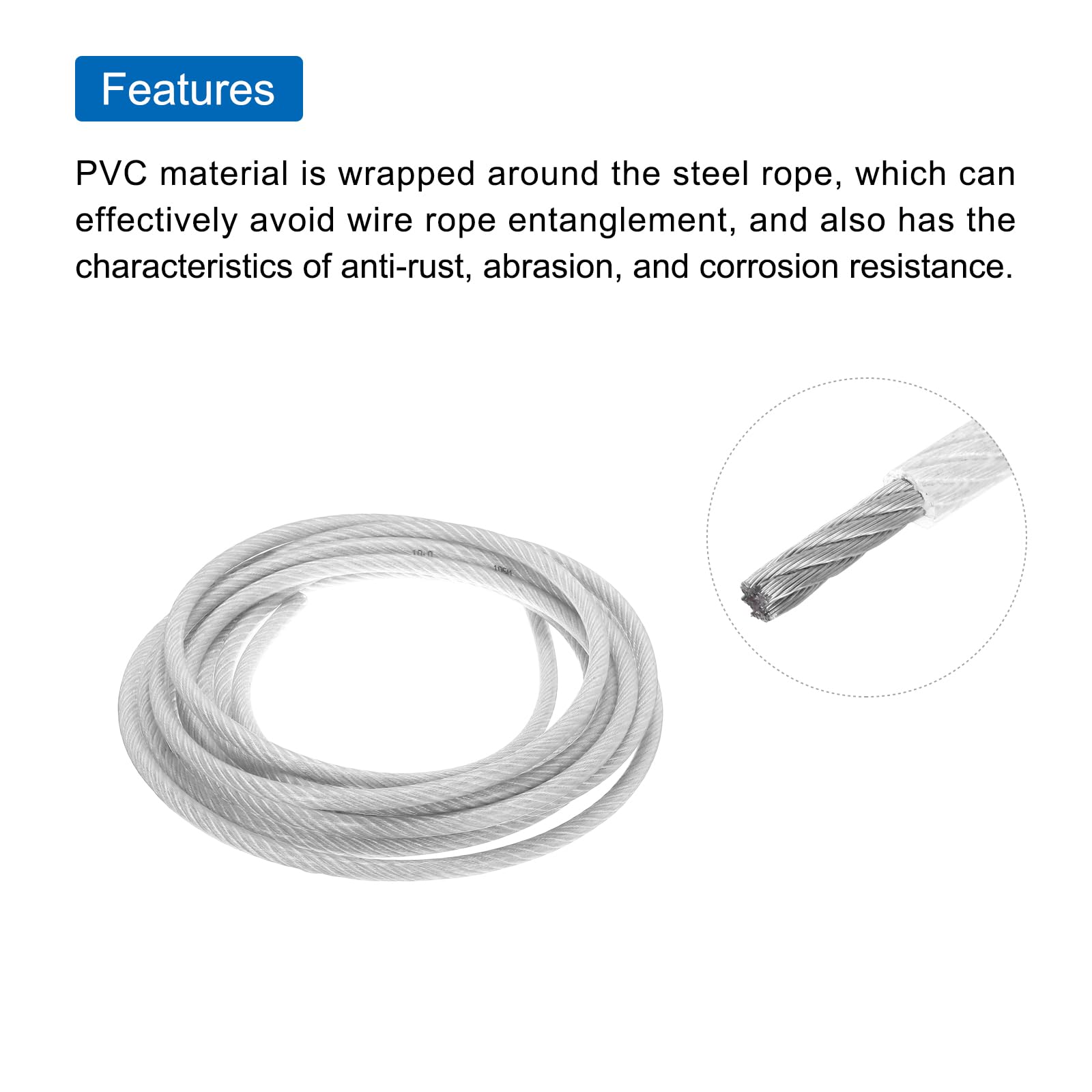QUARKZMAN 6m Cavo Acciaio Rivestito Trasparente 10mm (3/8 pollici) con 2Pz Manicotti a Anello M10 Morsetti Stendibiancheria per Appendere Luci Corda, Ringhiere per Ponti, Filo Giardino