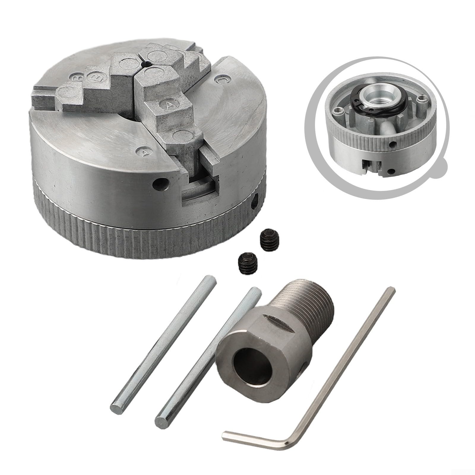 Compact 3 Jaw Chuck for Woodworking with Mounting Bolts and Connecting Rod (Chuck+8mm Rod)