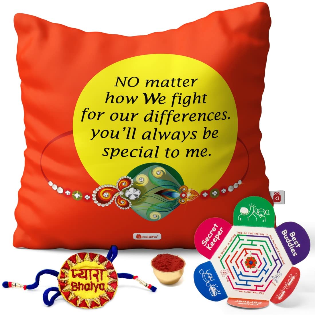 Indigifts IA Raksha bandhan Rakhi Gift Hamper Pyara Bhaiya Embroidery Rakhi for Brother & Happy Raksha bandhan Greeting Card Always Special Siblings Traditional Orange Cushion Cover, Pyara Bhaiya Embroidery Rakhi, Roli, Greeting Card 18x18 - Gifts For Big Brother Bhai on his Birthday Rakhi bhaidooj