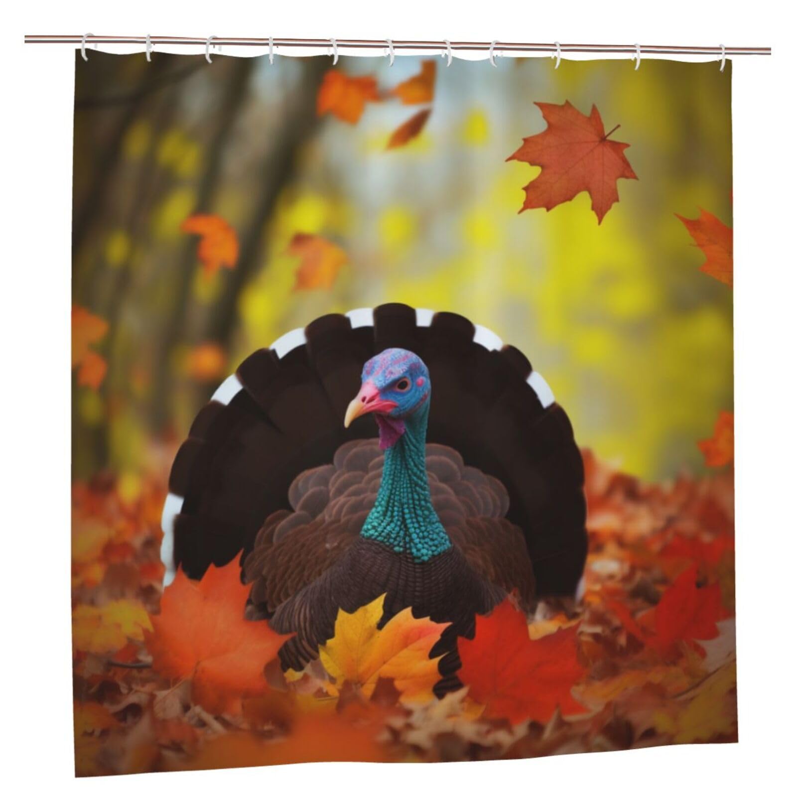 BWWHCCTI Turkey and Leaves Printed Shower Curtain With 12 Plastic Hooks Opaque Quick Drying Waterproof Shower Curtains Sets For Bathroom 183x183 CM