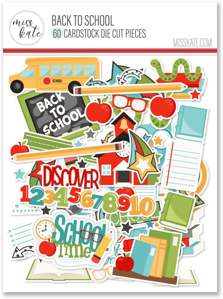Die Cuts & Paper Set – Back to School – for Grade Preschool Kindergarten- 16 Single-Sided 12"x12" Sheets & Over 60 Coordinating Die Cuts - Scrapbook - by Miss Kate Cuttables