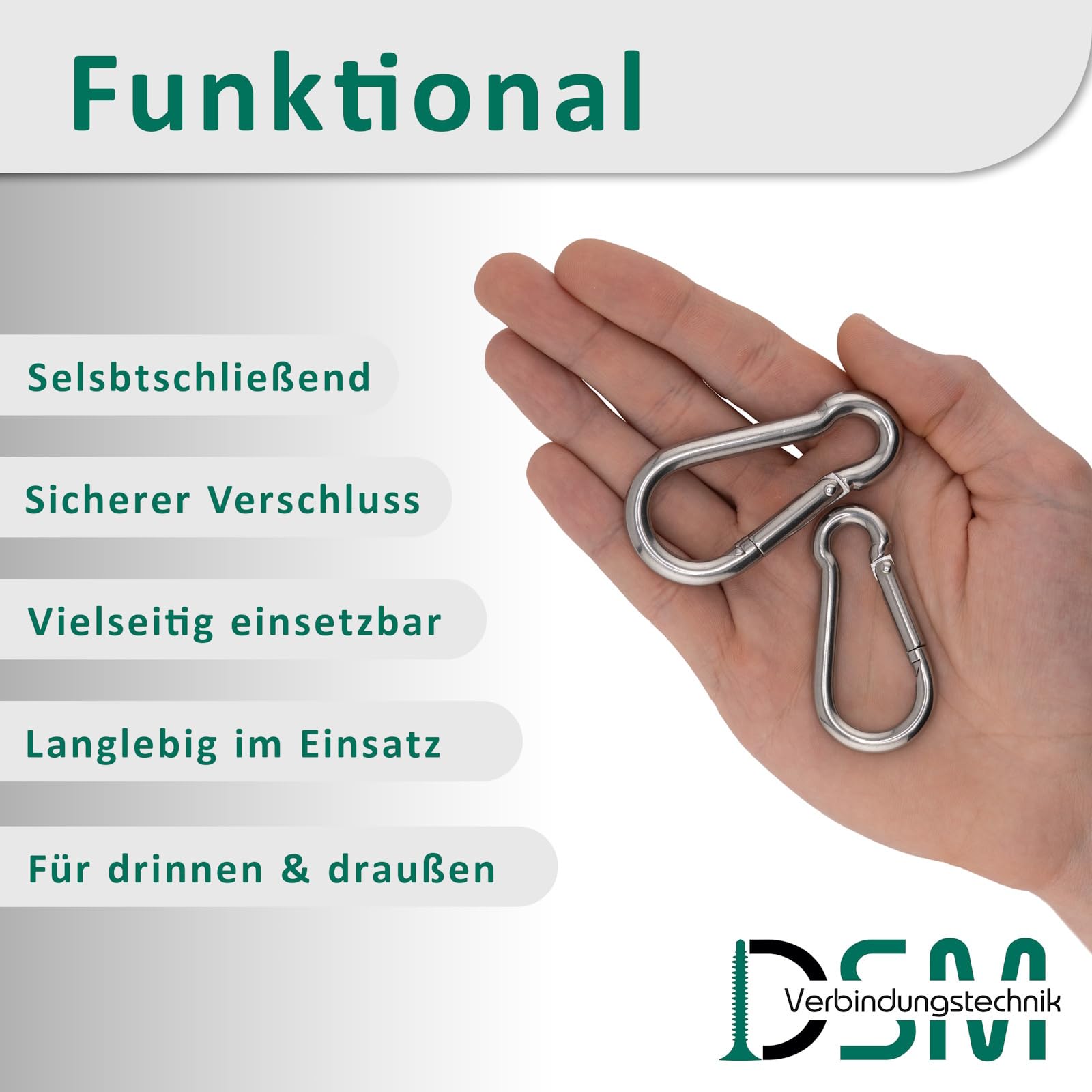 DSM - Moschettone con gancio a molla, antiruggine, 10 x 100 mm, in acciaio inox A4, simile a DIN 5299C, a forma di pera, portata fino a 870 kg, per campeggio, portachiavi, escursionismo, outdoor, 15