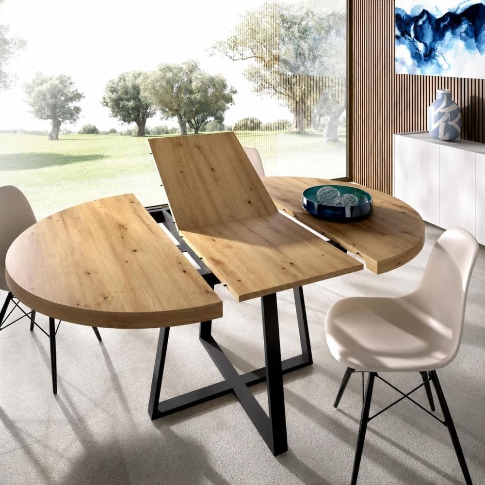Mesa DE Comedor Redonda Extensible DISEÑO Industrial Edison, Nordic, 110 x 110 x 77 cm, Mesa de Comedor o Cocina Estilo Industrial Extensible