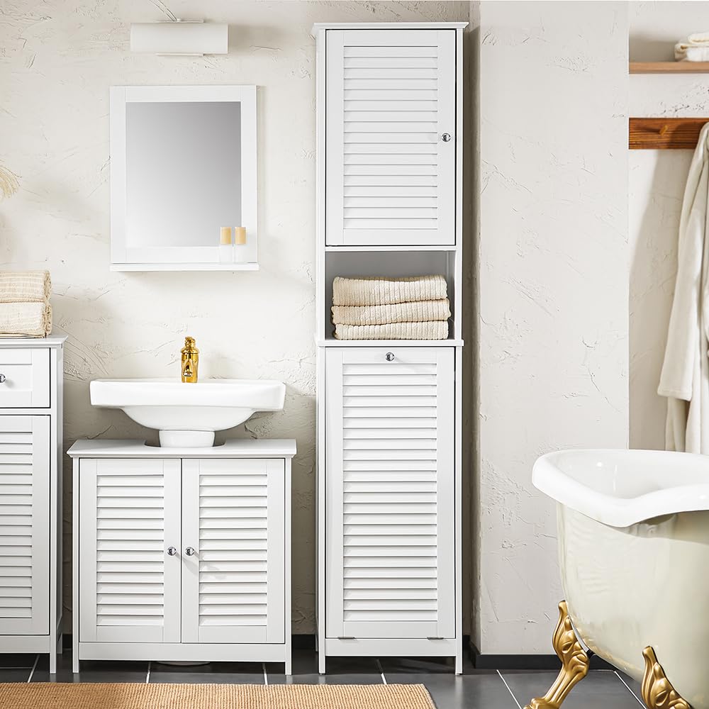 SoBuy Mobile Bagno Salvaspazio con Portabiancheria Armadietto Bagno Alto e Stretto per Ambienti Compatti, Mobiletto con Ripiani, Mobile Lavanderia Bianco 40x170x38 cm BZR124-W