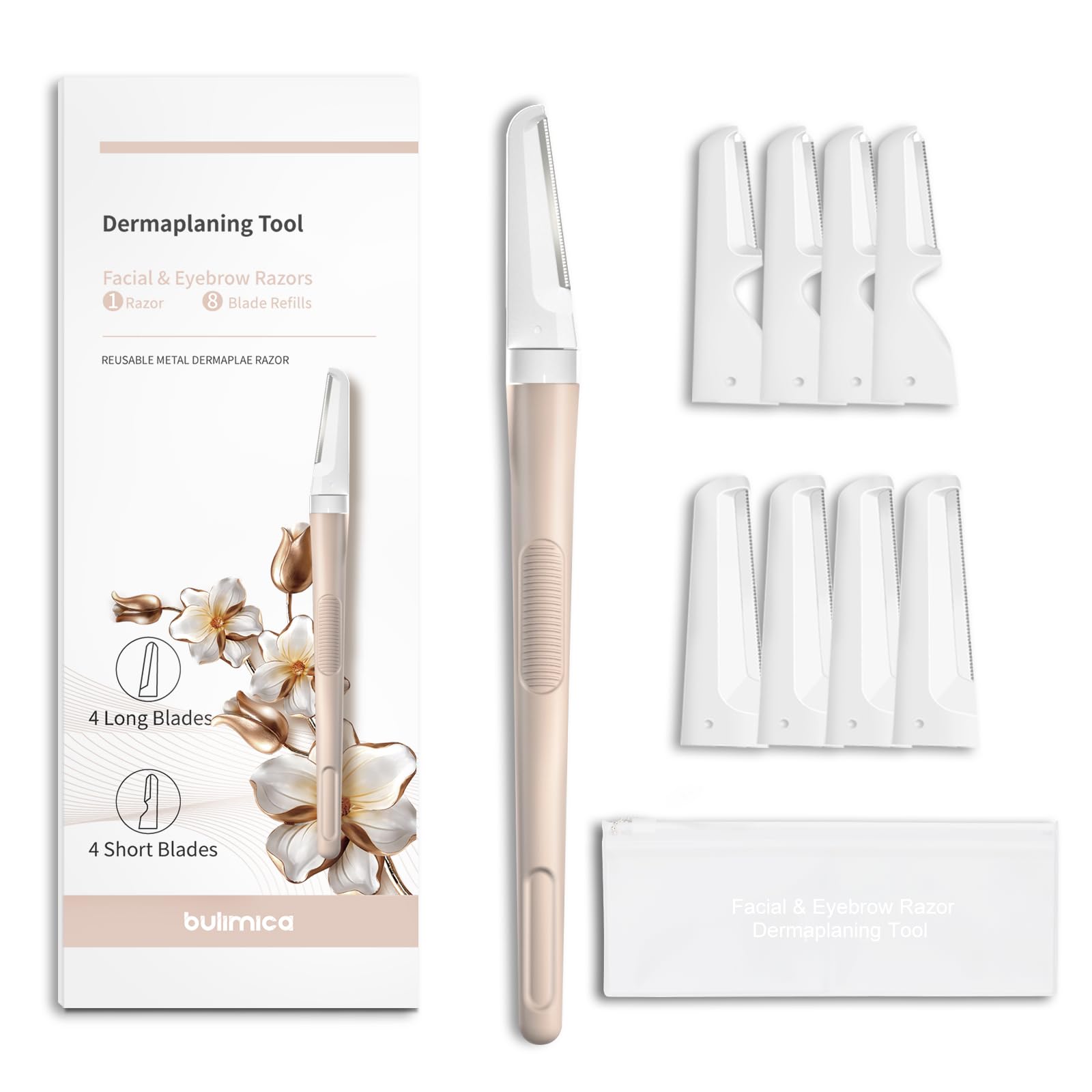 Dermaplane - Maquinilla de afeitar facial para mujer, removedor de pelusas de melocotón, color beige | Herramienta Dermaplaning para depilación facial y exfoliación, modelado de cejas, piel suave, mango de metal + 8 recambios