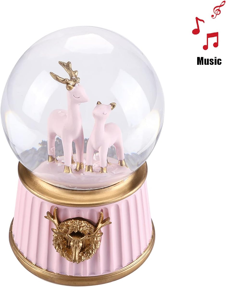 Elk Snow Globe Automatic Luminous Crystal Ball Battery Operated Music Snowball for Christmas Birthday Gift Resin Automatic Music Box for Xmas Table Decoration