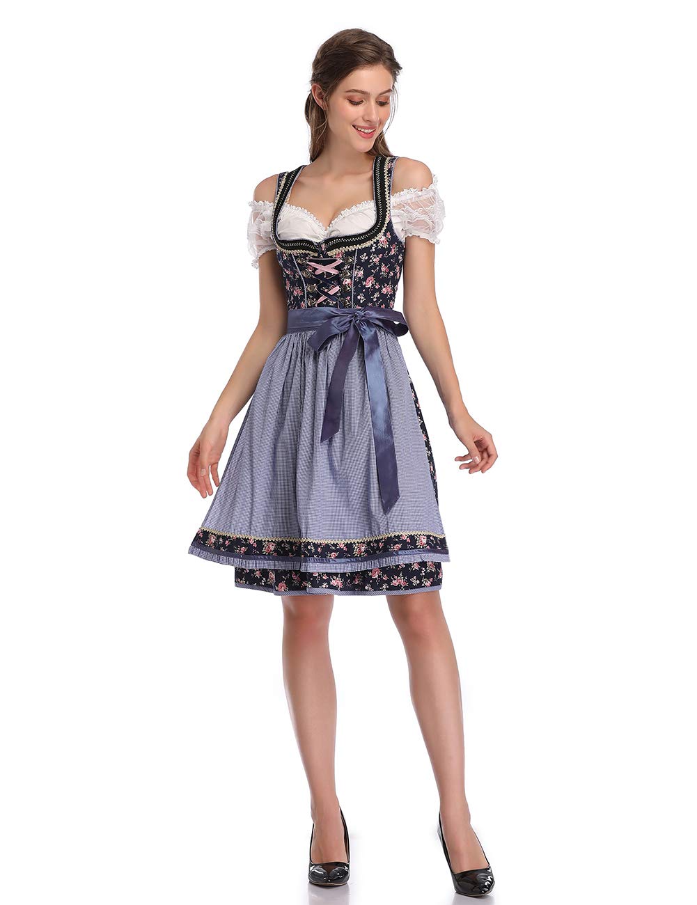 KOJOOIN Abito Donna Dirndl Bavaria Oktoberfest Set 3 Pezzi Camicia e Grembiule Dirndl Manica Corta Grembiule Bavarese Oktoberfest Cameriera Abiti da Festa