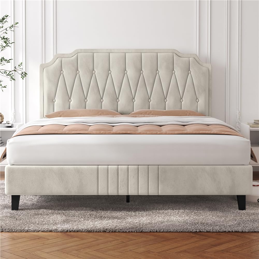 Yaheetech Letto Matrimoniale Imbottito 160 x 200 cm con Testiera Regolabile in Altezza Telaio con Rete a doghe in Legno e Metallo Beige