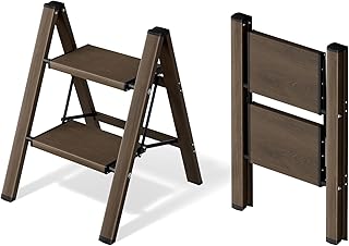 2 Step Ladder,Aluminum Folding Step Stool for Adults,Step Ladder with Wide Anti-Slip Pedal,330 lbs Capacity for Home,Office,Kitchen,Library(Walnut)