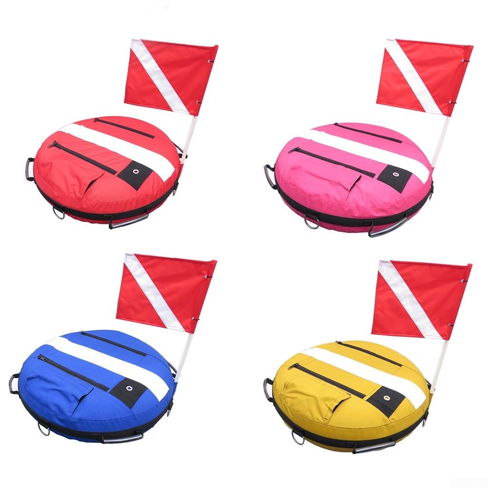 Boya de seguridad inflable para buceo libre y buceo con nailon recubierto, válvula de alivio de sobrepresión y cinco anillos de fijación de acero inoxidable (rojo)