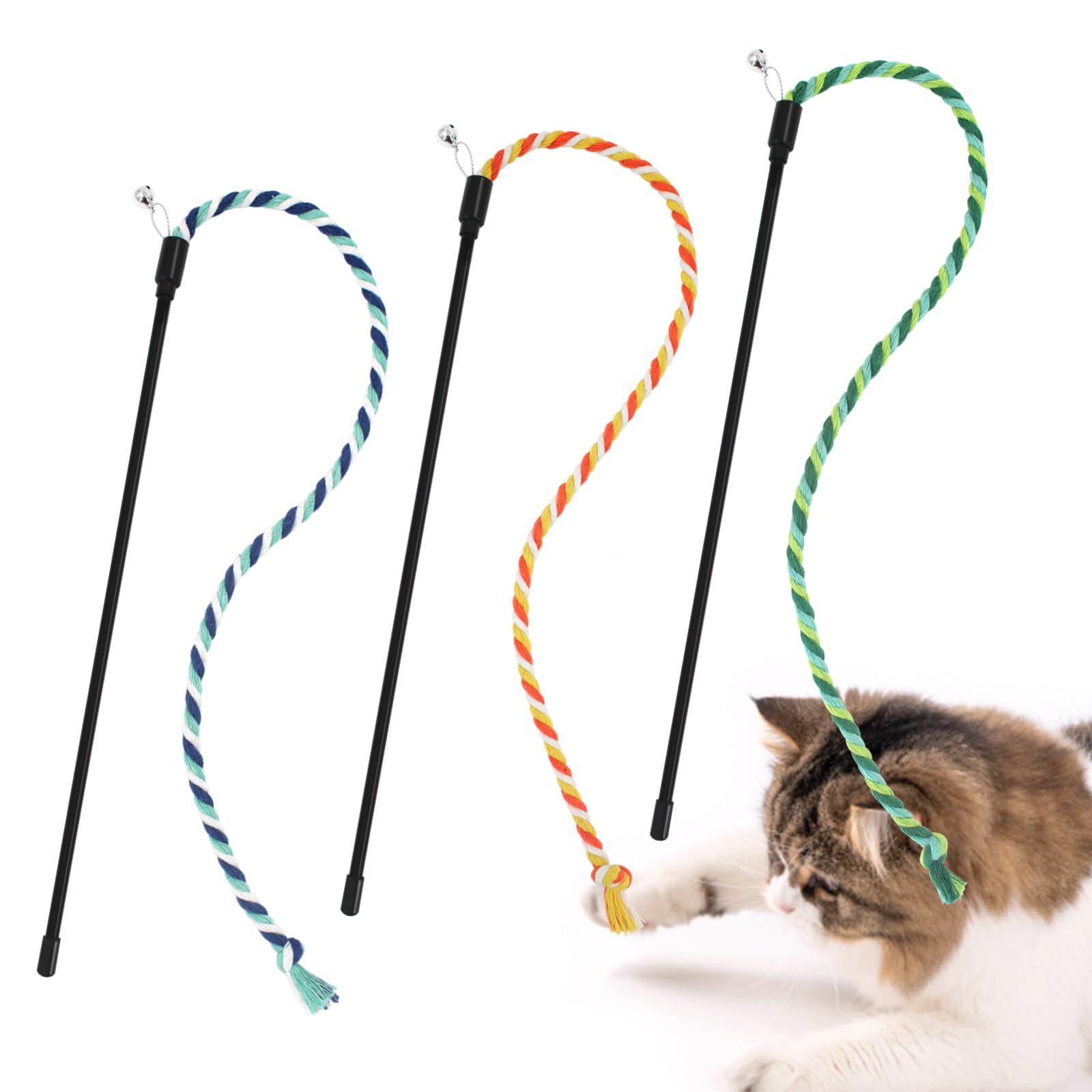 SONGWAY 猫じゃらし 猫 おもちゃ 人気 綿紐竿 頑丈 ストレス解消 3本3色入り 鈴付き