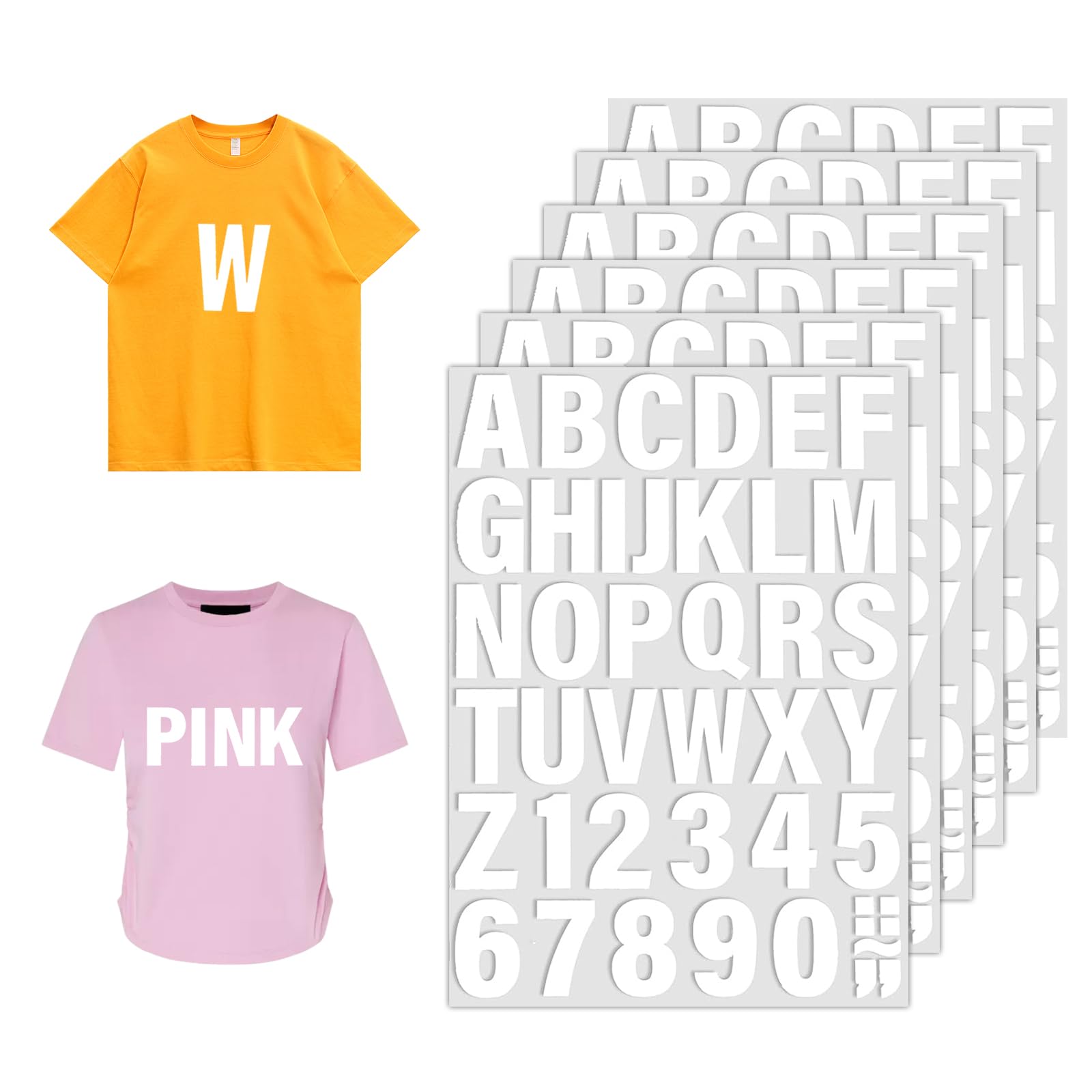 JEKUGOT 6 Sheets 258 Pieces Iron on Letters and Numbers for Clothing Heat Transfer Letters 2 Inch Iron on Vinyl Letters Alphabet Sticker with A-Z Letters and 0-9 Numbers for DIY T-Shirts White