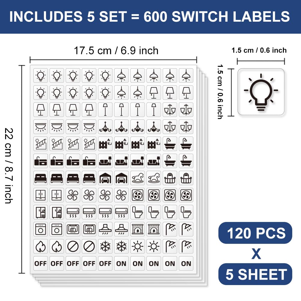 600 étiquette Autocollante pour Interrupteur 33 modèles D'Autocollants D'Identification de Commutateur Transparents pour la Maison Cuisine Salle de Bains École de Bureau 15 x 15 mm