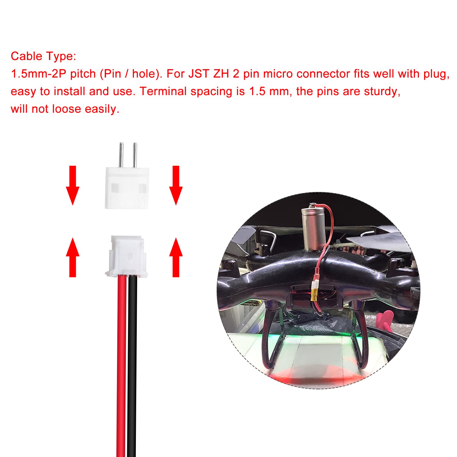 50 Juegos Conectores JST 1.5 ZH, Mini Micro JST ZH 2 Pin Conector Macho con Cable de 150mm 26AWG y Hembra (Negro Rojo) — view 4