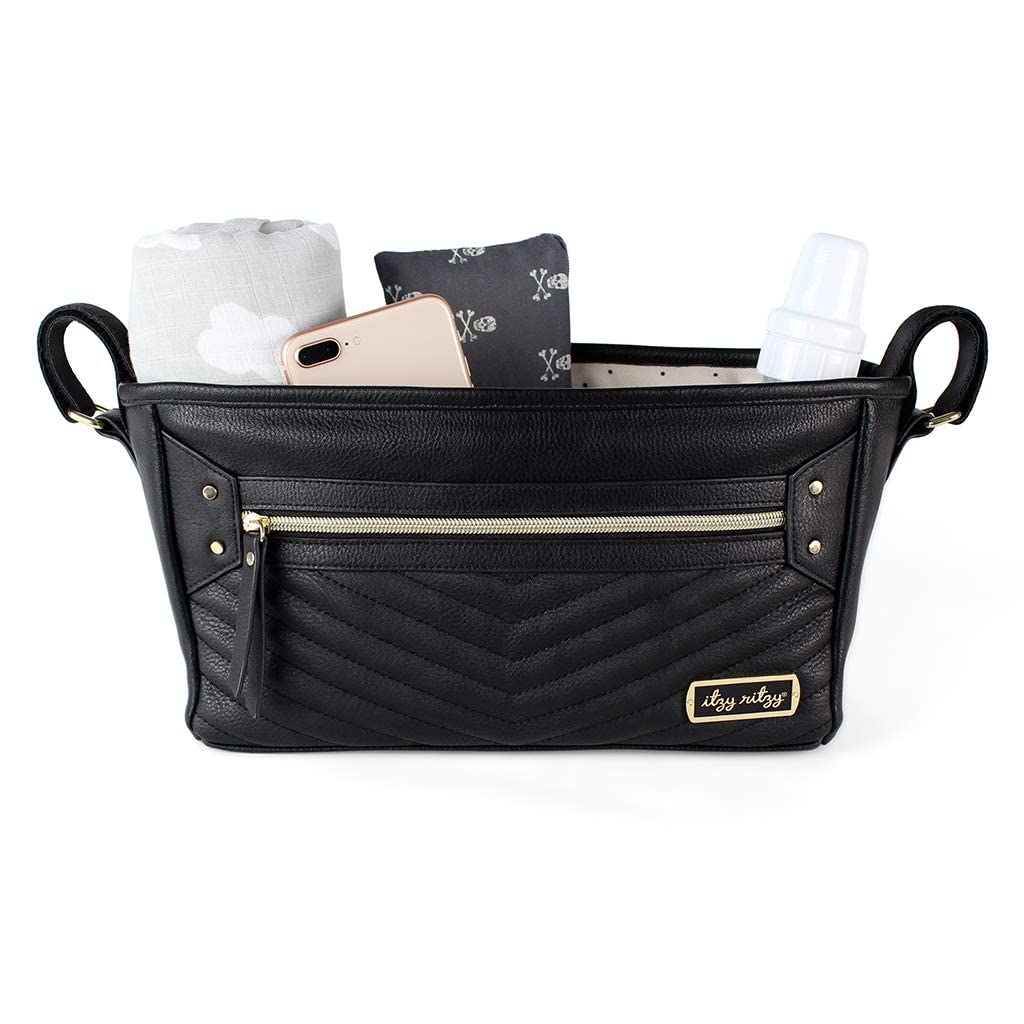 Itzy Ritzy Adjustable Stroller Caddy - Stroller Organizer Featuring Two Built-in Pockets, Front Zippered Pocket & Adjustable Straps to Fit Nearly Any Stroller, Black with Gold Hardware-picture-10