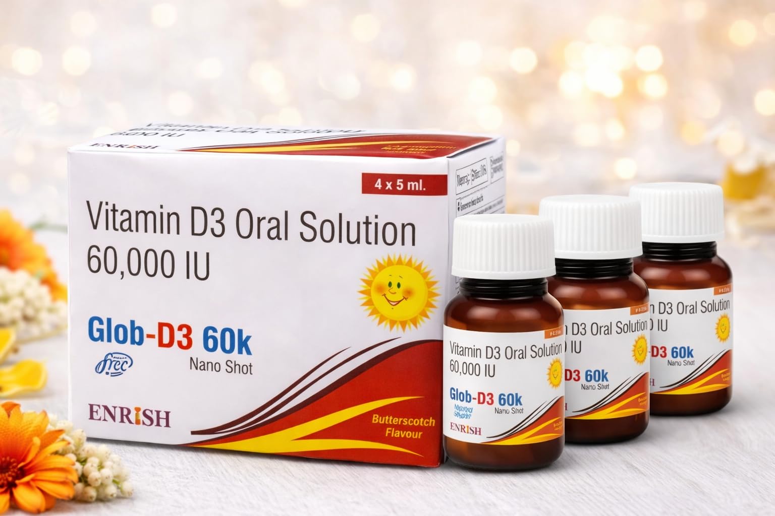 Glob-D3 60K Vitamin D3 Oral Solution 60000 IU | Nano Shot | Butterscotch Flavour | Pack of 4 x 5 ml (Pack Of 2)-image-34
