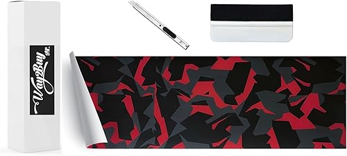 Película adhesiva de vinilo de camuflaje geométrico rojo brillante negro gris para automóvil con adhesivo de liberación de aire+kit de herramientas