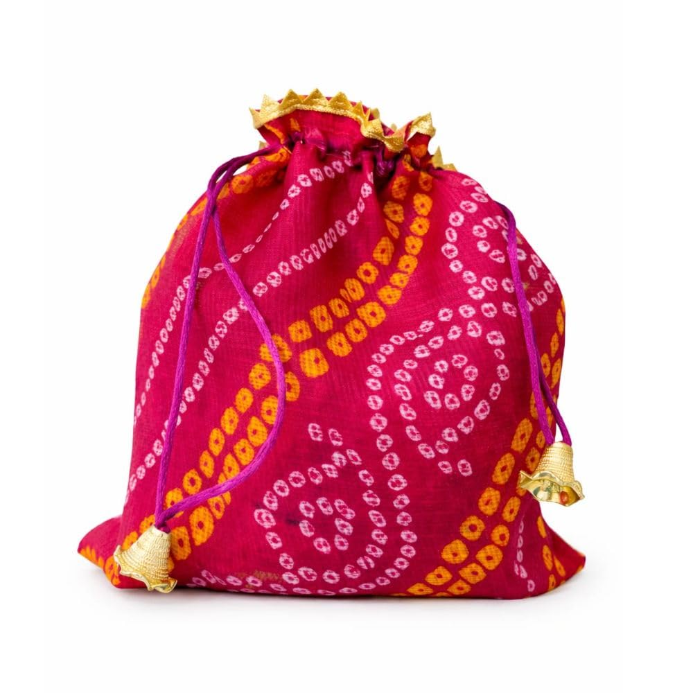 nayashi Traditional Pink Bandhani Leheria Potli Bag Set of 2 (11x10 Inches) – Ethnic Drawstring Pouch with Golden Tassels, Holds Up to 1/2 Kg Dry Fruits, Ideal for Wedding & Festive Gifts-picture-24