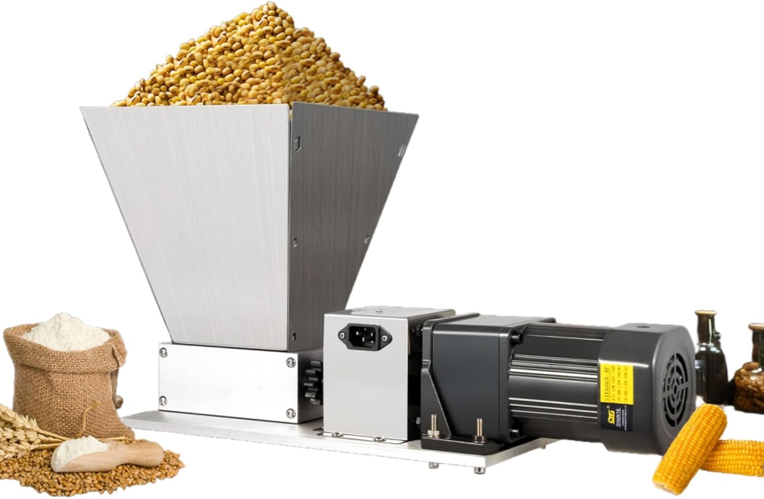 Modern Stainless Steel 60W Animal Feed Grinding Machine, Durable Barley Grinder, Efficient Wet/Dry Cereals Grain Mill with 2 Rollers & 4pcs Hoppers for Wheat Rice & Corn