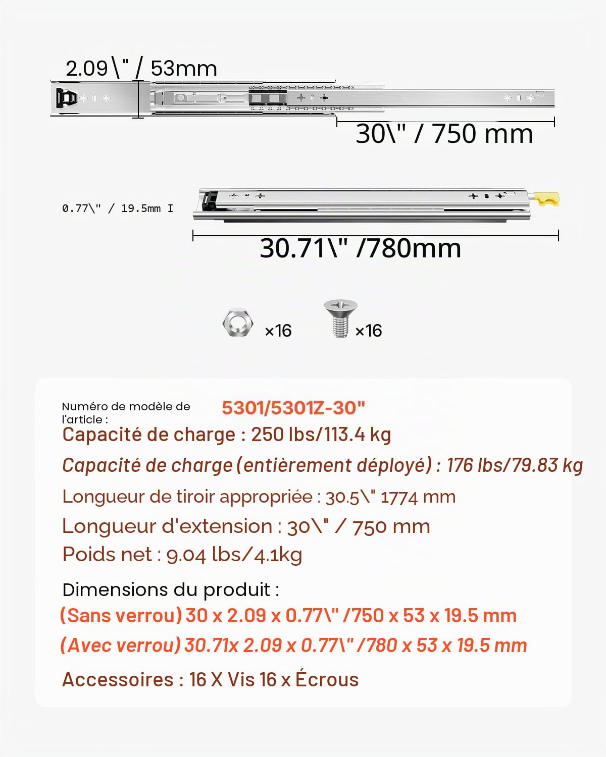 VEVOR Glissière de tiroir à extension complète 750 mm, 113,4 kg, coulisse verrouillable, roulement à billes