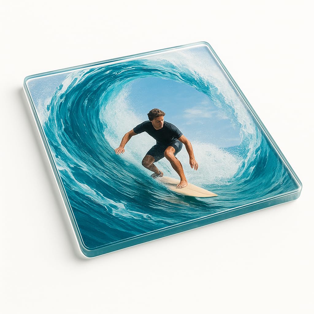 The Plum Penguin Surfing Acrylic Coaster Gift With Photo In Ocean Wave Design - Minimalist Home Decor For Beach Lover Memories