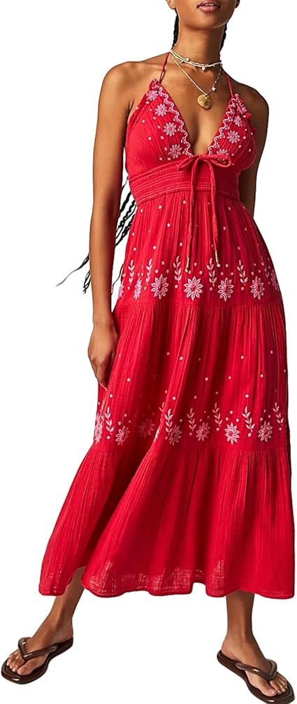 Cotton Blend Bohemian Dress Women's Floral Backless Maxi Dress - Boho Deep  V Halter Neck Summer A-Line Dress Black Halter Neck Dress