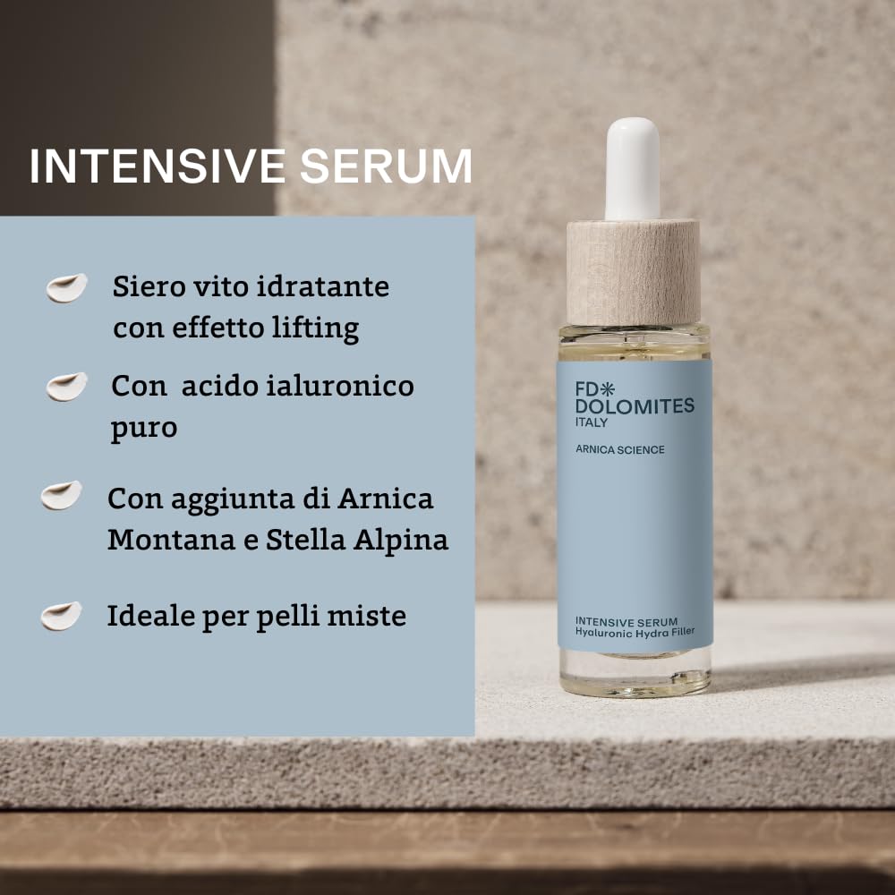 FD Dolomites Intensive Serum, Gocce di Acido Ialuronico puro al 100%, Siero filler ad azione immediata. Il Lifting che cancella gli Anni anche dal Contorno Occhi. Senza profumo. 30ml