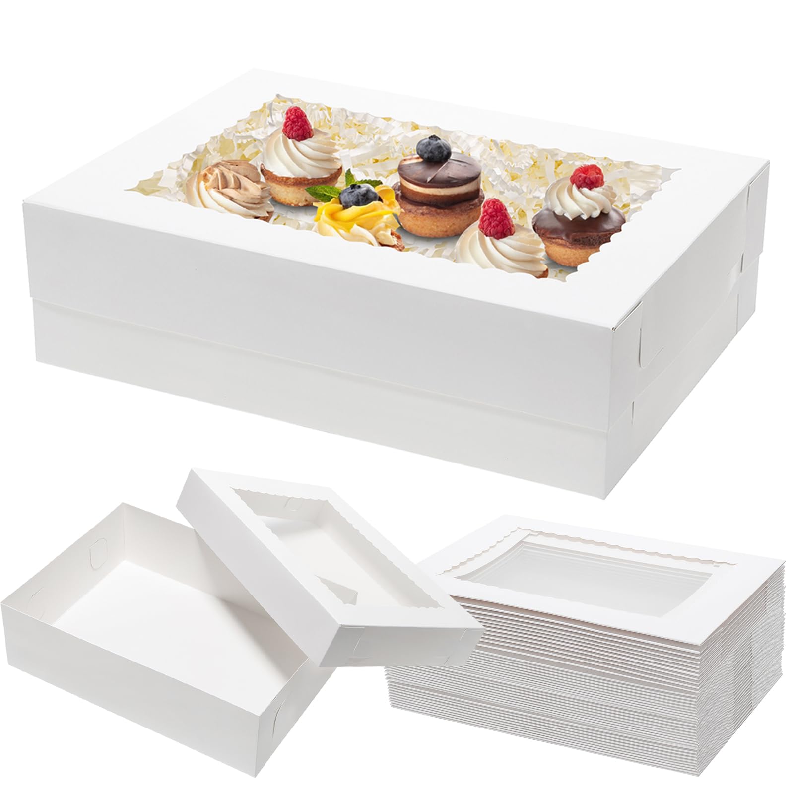 Mefleet 25 cajas rectangulares para tartas de 14 x 10 x 4 pulgadas con ventana, cajas de panadería de cuarto de hoja para donas, galletas, cupcakes, pasteles y pasteles, color blanco, tamaño grande