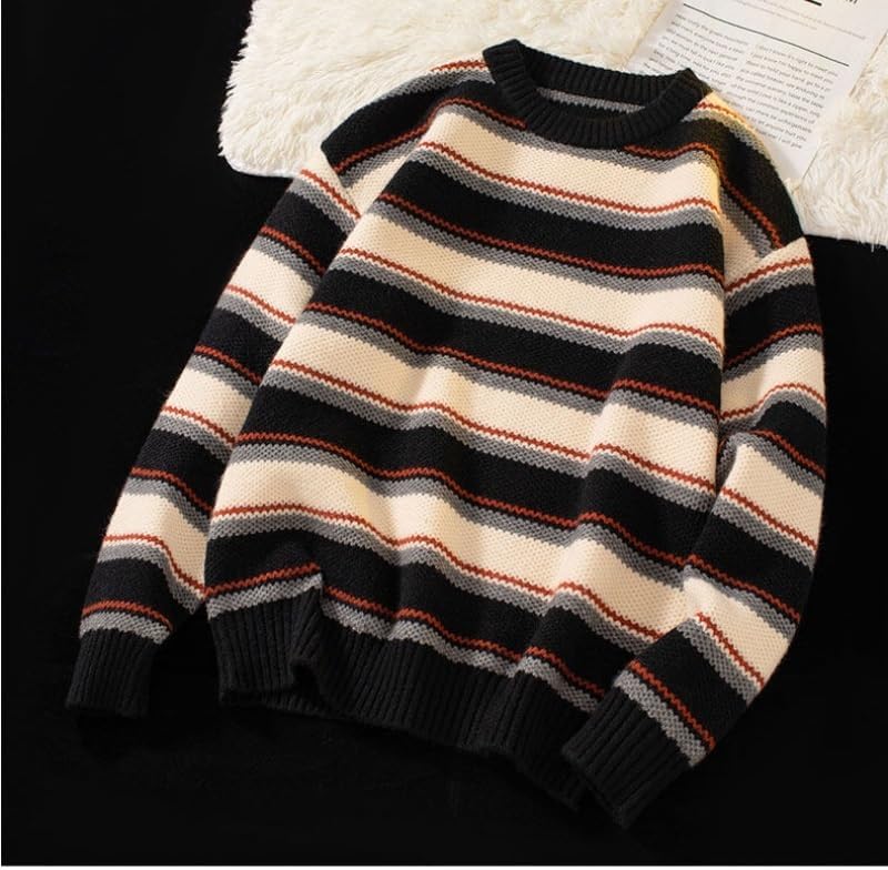 Men's Casual Knitted Sweater Loose Striped Round Neck