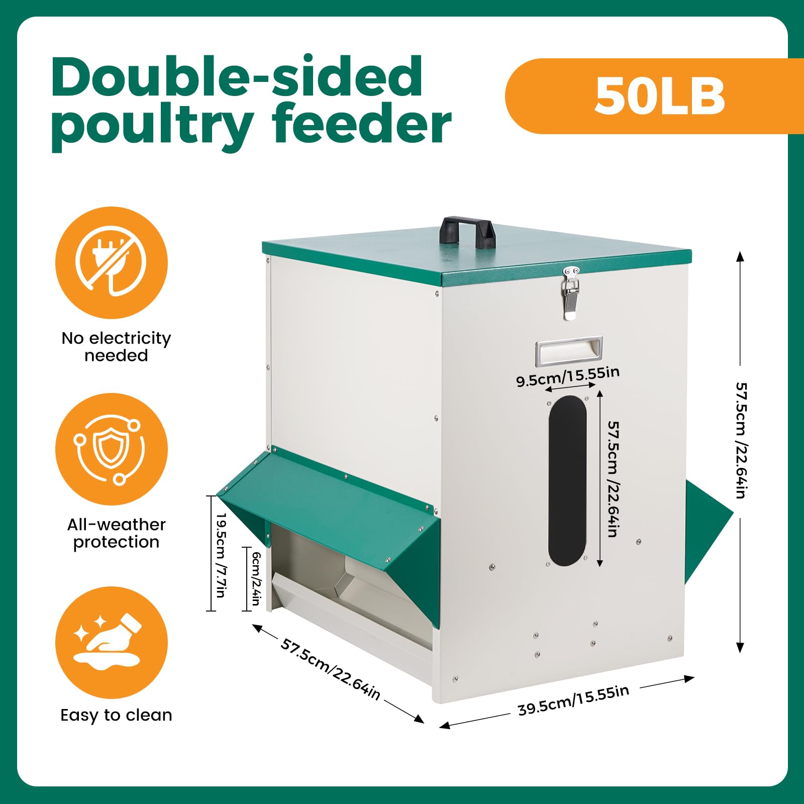 Alimentador automático de aves de corral de metal, 45 kg, con tapa y tapón, sin desperdicio, comedero para pollos, resistente a la intemperie, para exteriores, para pollos, patos, aves de