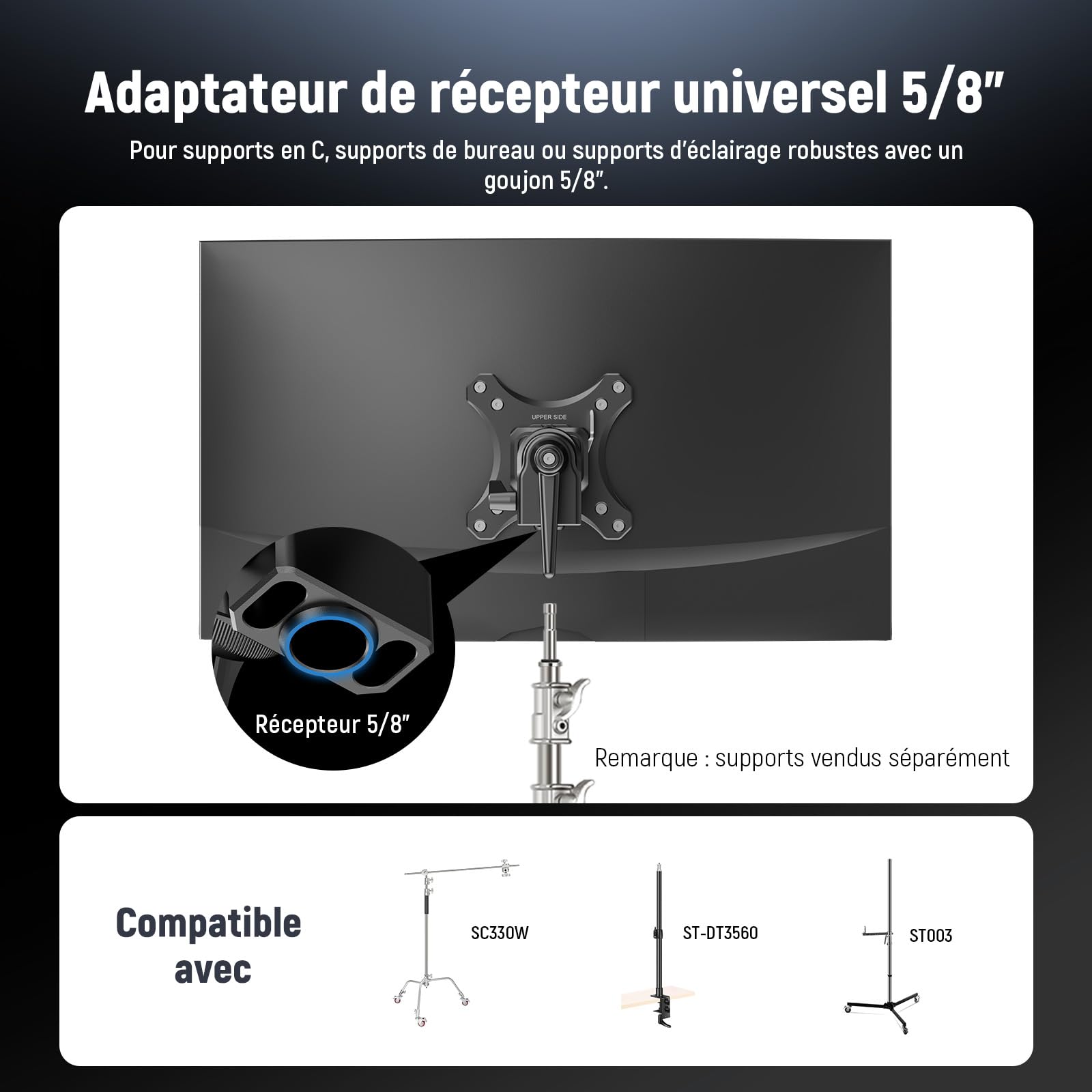 NEEWER Adaptateur de Montage pour Moniteur VESA avec Dégagement Rapide Arca,Tête Sphérique Rotative à 360°,Vis M4 et Adaptateur Support de Lumière Récepteur 5/8" pour écran TV,Charge Max:20kg,MA016